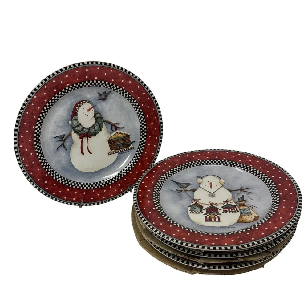 Debbie Mumm Frosty Folks Snowman Dessert Salad Plate Set of 4 Sakura Red Black‎